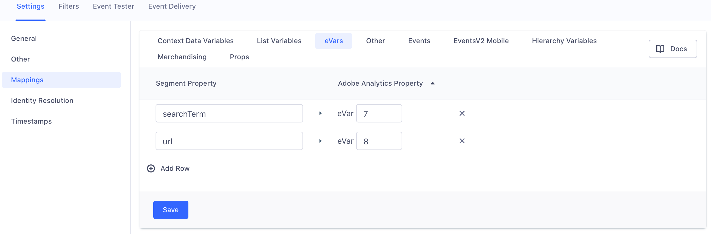 A screenshot of the Adobe Analytics settings page in Segment, with the Mappings section selected and two sample mappings under the eVars tab.