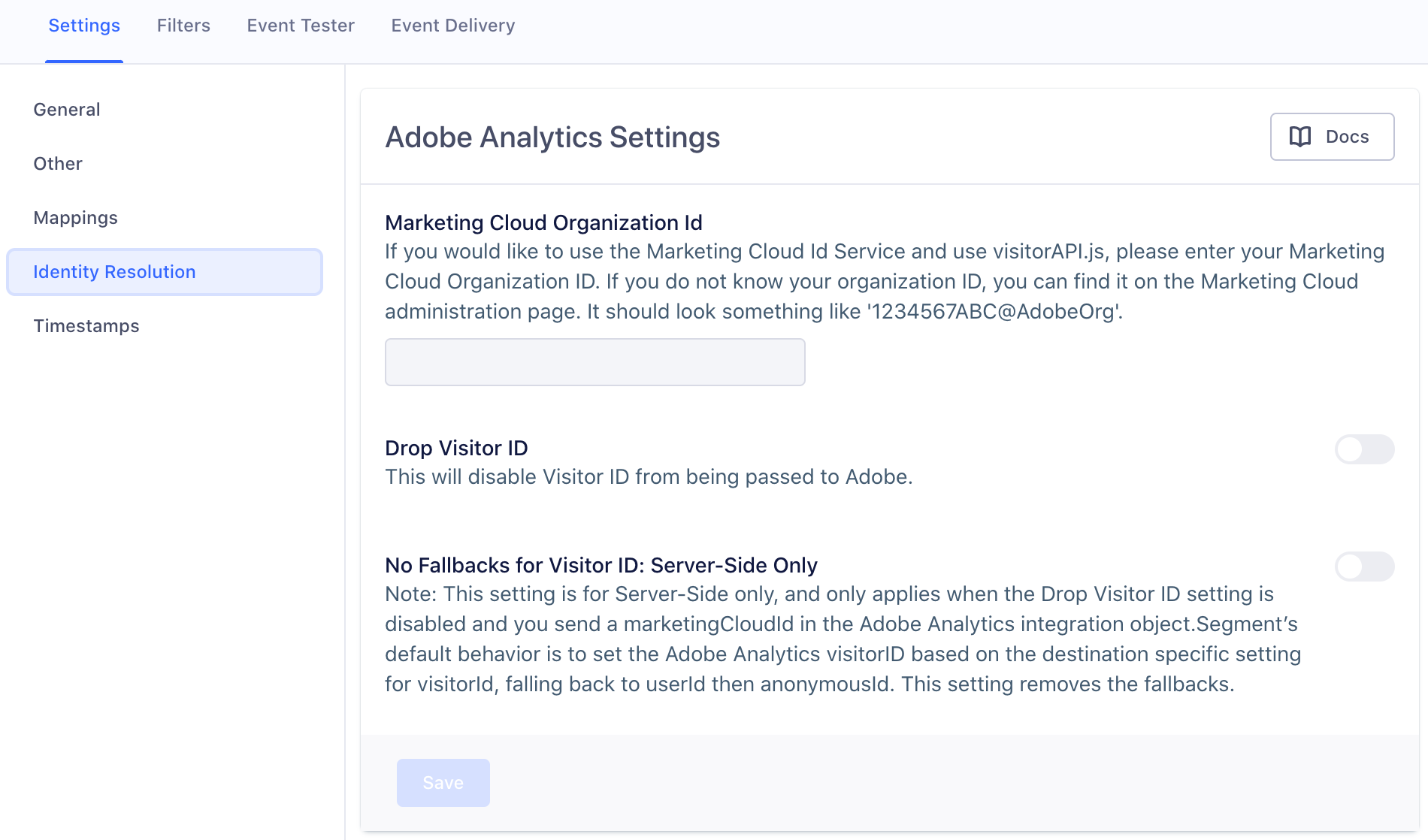 A screenshot of the Adobe Analytics settings page in Segment, with the Identity Resolution section selected.