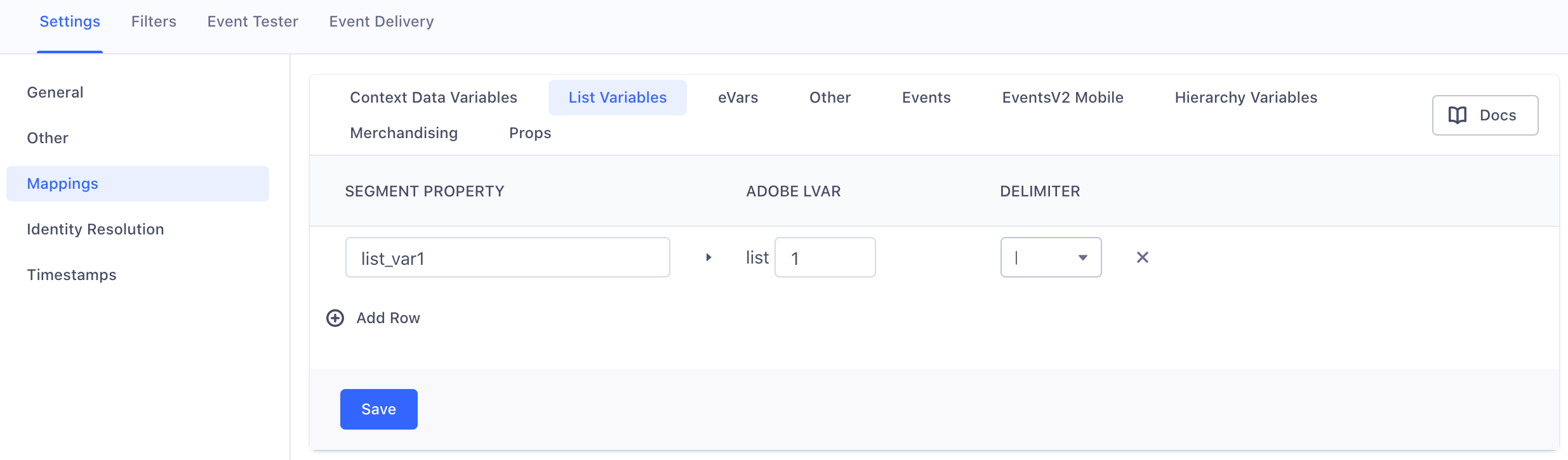 A screenshot of the Adobe Analytics settings page in Segment, with the Mappings section selected and a sample property with delimiter under the List Variables tab.