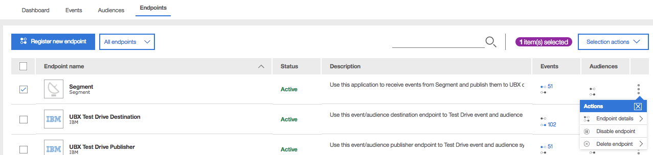 A screenshot of the UBX Endpoints tab showing a Segment endpoint with a status of Active.