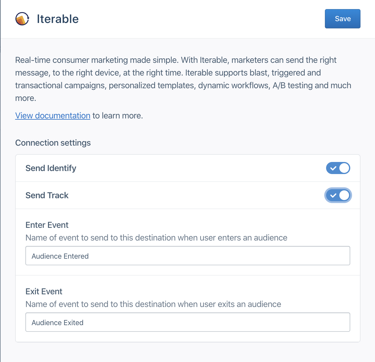 A screenshot of the Iterable settings page in Segment, with a defined Enter Event and Exit Event.