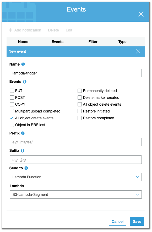 Add the name of the function you created to the Lambda field