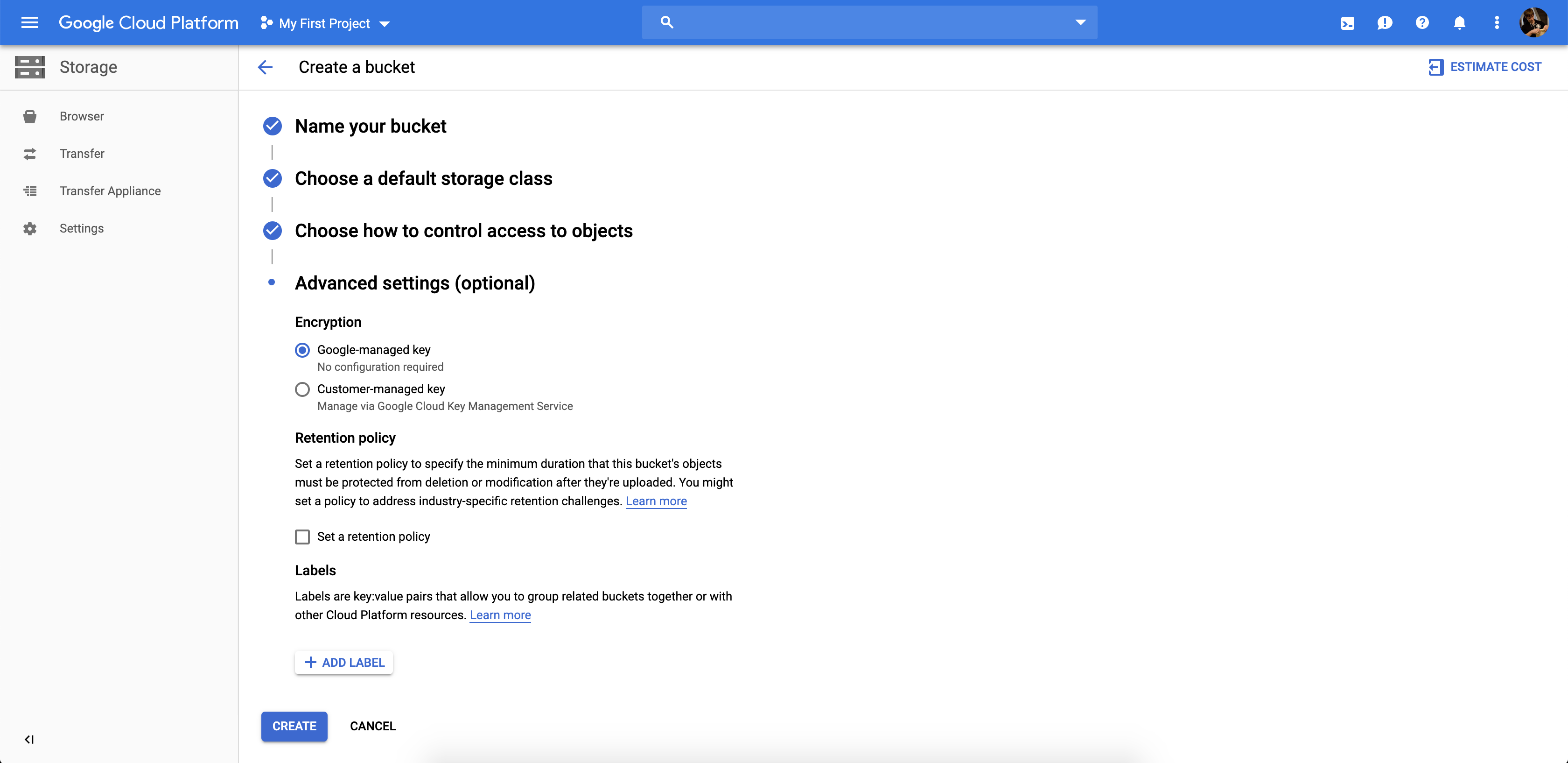 Screenshot of the Create a bucket setup flow in Google Cloud.