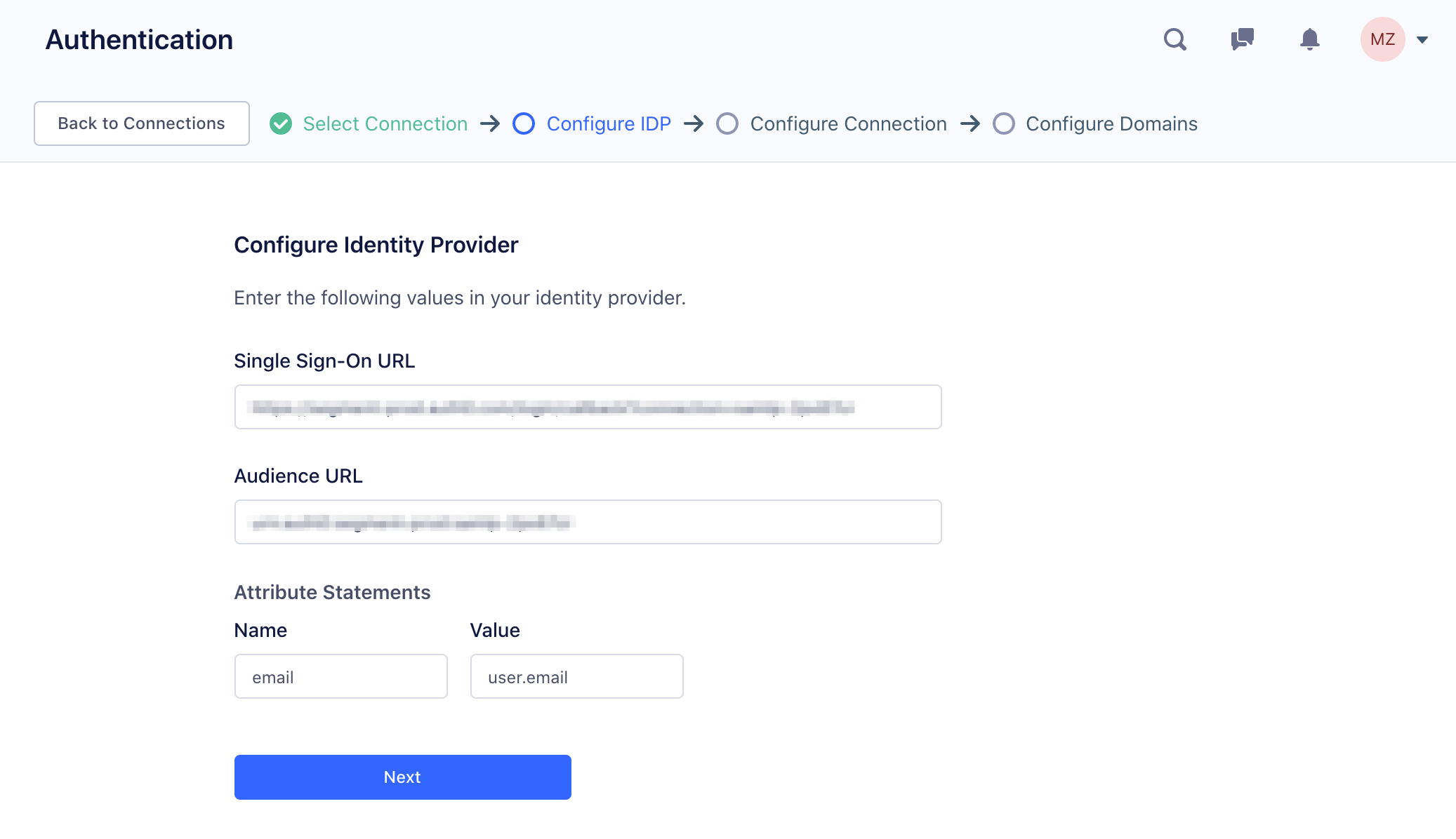 Screenshot of the Segment Configure Identity Provider screen, with an SSO URL, Audience URL, and attribute statements entered into the respective fields.