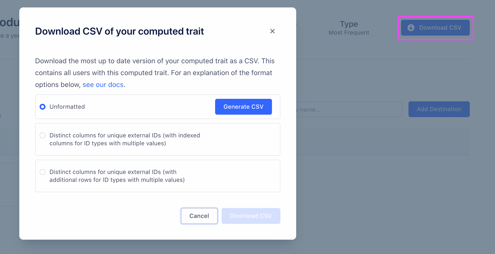 Downloading a CSV file of computed traits in Segment